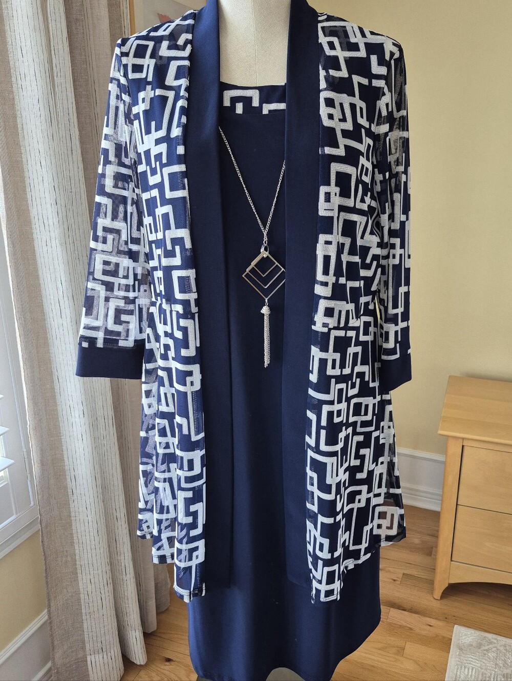 Navy & White Geo Print Women's Dress with Sheer Overlay